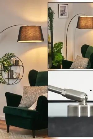 Bassagoda Staande lamp, Booglampen Nikkel mat, Zwart, 1-licht, Stoffen lampenkap Nieuw