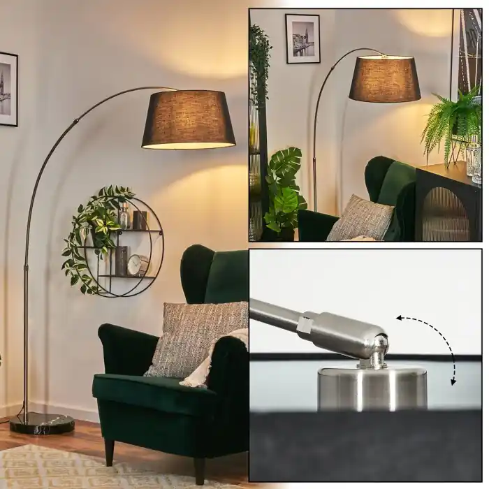 Bassagoda Staande lamp, Booglampen Nikkel mat, Zwart, 1-licht, Stoffen lampenkap Nieuw