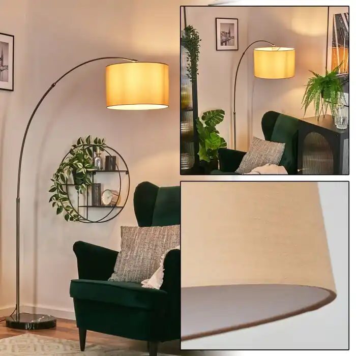 Nieuw Soungou Staande lamp, Booglampen Nikkel mat, Zwart, 1-licht, Stoffen kap