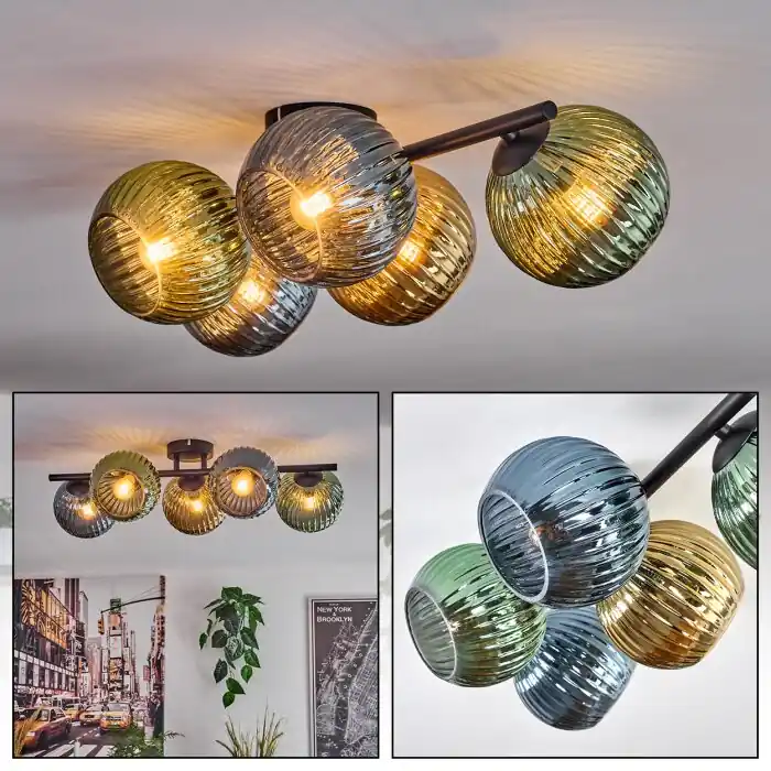 Koyoto Plafondlamp, Kogellampje Blauw, Goud, Groen, 5-lichts Seizoensaanbieding