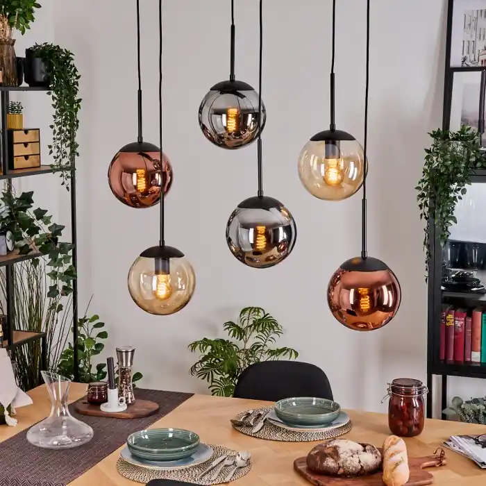 Gastor Hanglamp, Kogellampje, Hanglamp Amber, Chroom, Koperkleurig, Rookkleurig, 6-lichts Dagaanbieding
