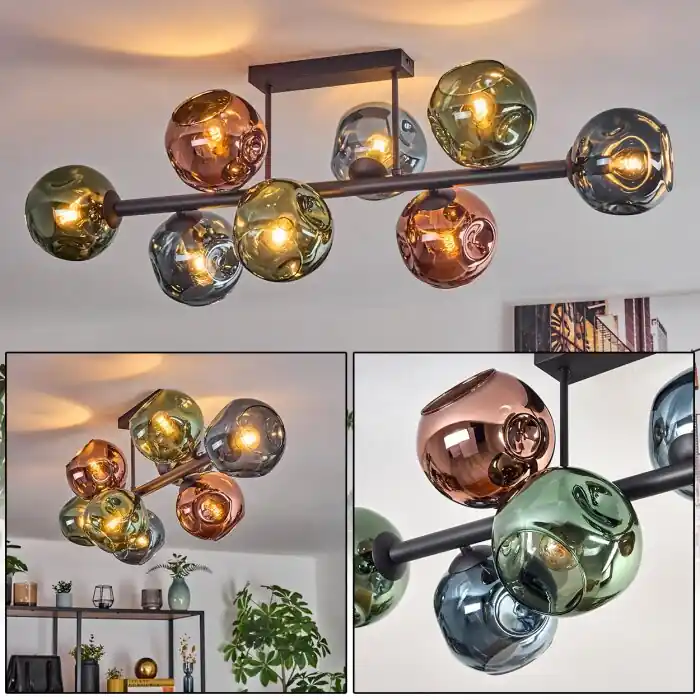 Ripoll Plafondlamp, Kogellampje Blauw, Groen, Koperkleurig, 8-lichts Direct Verzonden