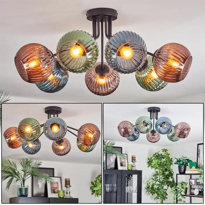 Koyoto Plafondlamp, Kogellampje 82 cm Blauw, Groen, Koperkleurig, 7-lichts Superprijs