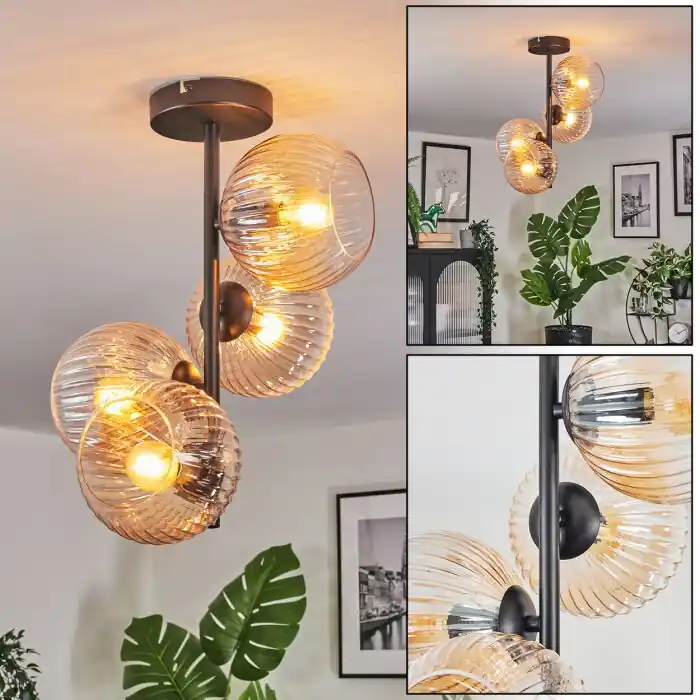 Koyoto Plafondlamp, Kogellampje 32 cm Amber, Duidelijk, 4-lichts Op = Op