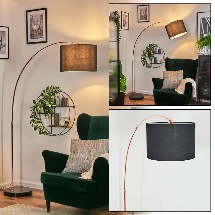 Bassagoda Staande lamp, Booglampen Koperkleurig, Zwart, 1-licht, Stoffen lampenkap Seizoensaanbieding