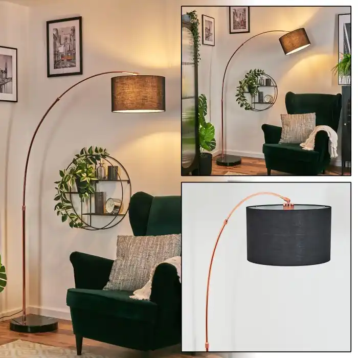 Bassagoda Staande lamp, Booglampen Koperkleurig, Zwart, 1-licht, Stoffen lampenkap Gereduceerde Prijs