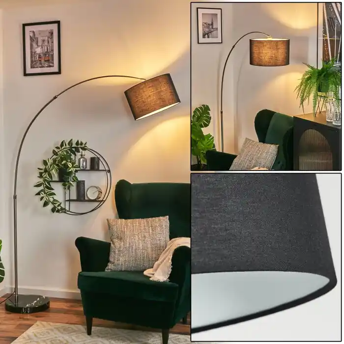 Bassagoda Staande lamp, Booglampen Nikkel mat, Zwart, 1-licht, Stoffen kap Veilige Betaling