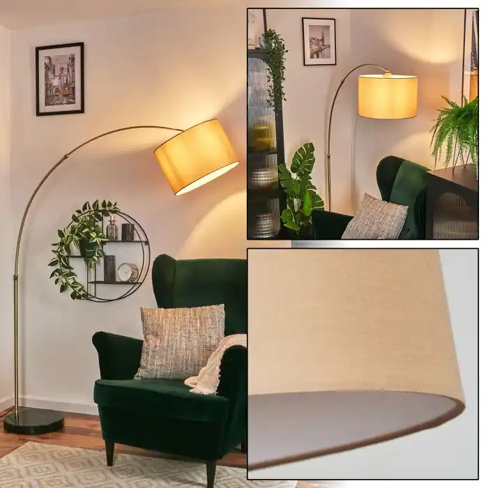 Op = Op Soungou Staande lamp, Booglampen Messing, Zwart, 1-licht, Stoffen lampenkap