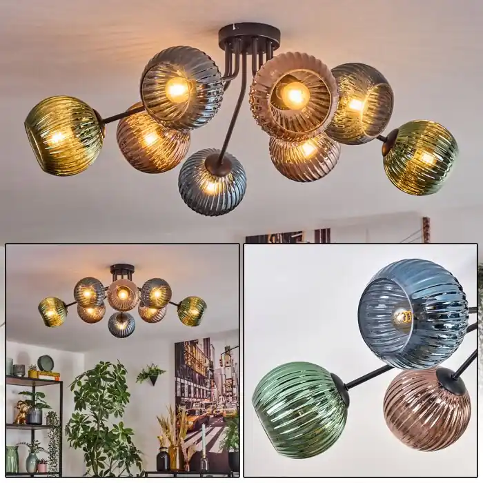 Koyoto Plafondlamp, Kogellampje 85 cm Blauw, Groen, Koperkleurig, 8-lichts Bestseller