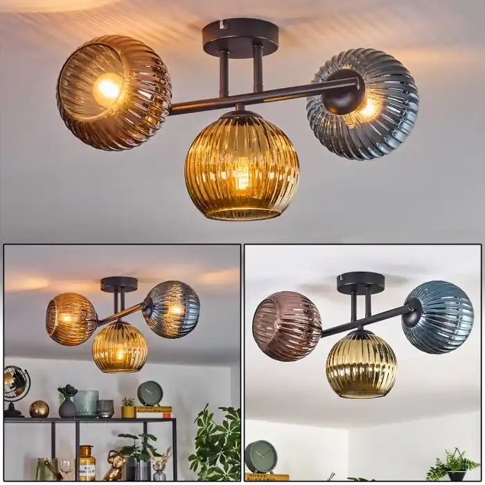 Korting Koyoto Plafondlamp, Kogellampje Blauw, Goud, Koperkleurig, 3-lichts