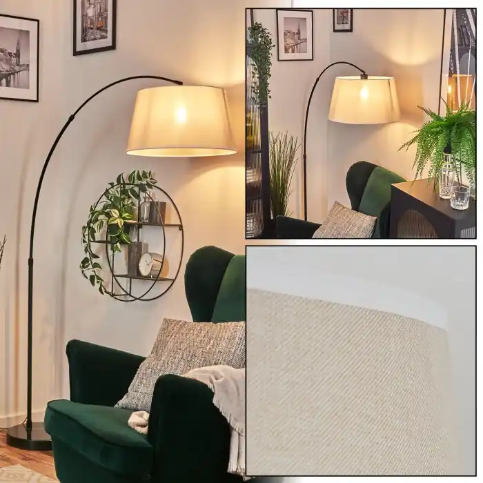 Koop Online Bassagoda Staande lamp, Booglampen Zwart, 1-licht, Stoffen lampenkap