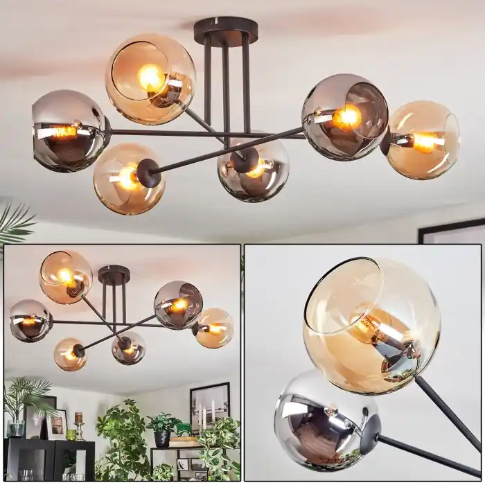 Seizoensaanbieding Koyoto Plafondlamp, Kogellampje 78 cm Amber, Chroom, Rookkleurig, 6-lichts