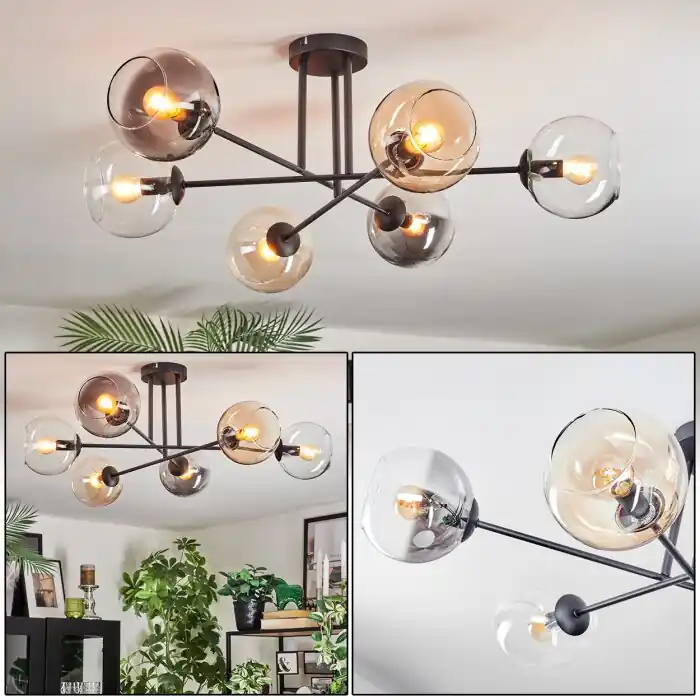 Koyoto Plafondlamp, Kogellampje 78 cm Amber, Duidelijk, Rookkleurig, 6-lichts Lage Kosten