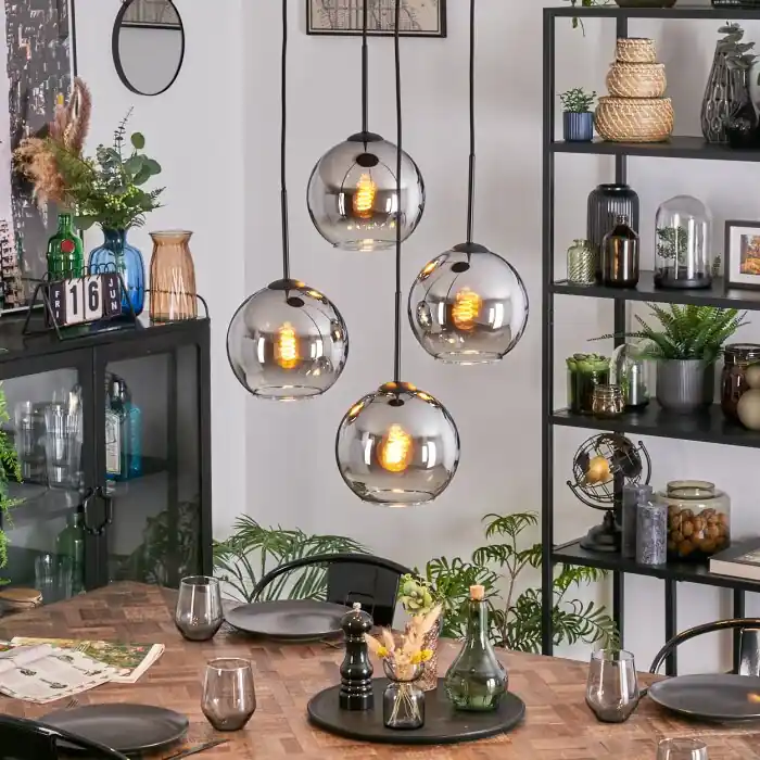 Betaalbaar Koyoto Hanglamp, Kogellampje, Cluster hanglamp Chroom, Duidelijk, Rookkleurig, 4-lichts