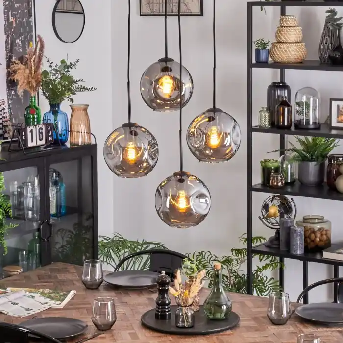 Ripoll Hanglamp, Kogellampje, Cluster hanglamp Rookkleurig, 4-lichts Gratis Retour