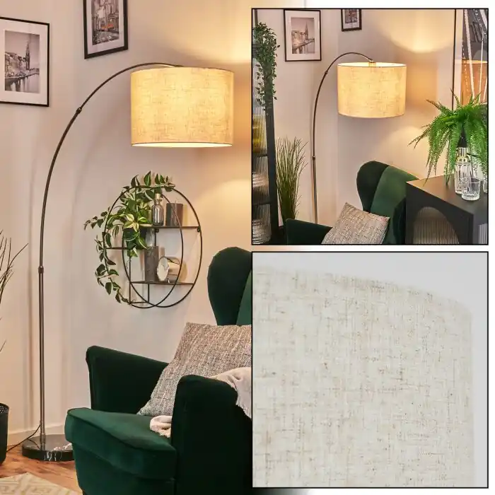 Bassagoda Staande lamp, Booglampen Nikkel mat, Zwart, 1-licht, Stoffen lampenkap Direct Beschikbaar