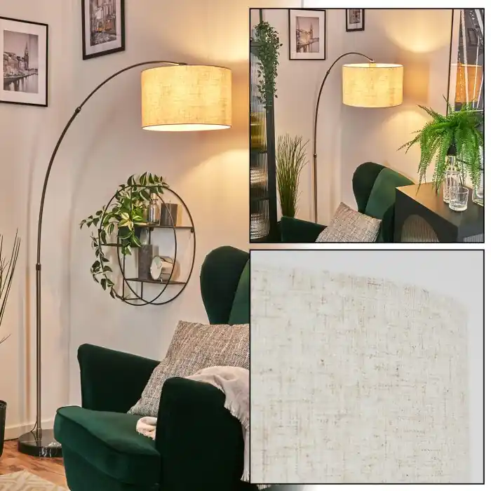 Bassagoda Staande lamp, Booglampen Nikkel mat, Zwart, 1-licht, Stoffen kap Direct Beschikbaar