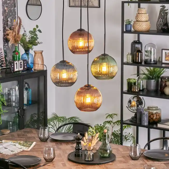 Alleen Vandaag Koyoto Hanglamp, Kogellampje, Cluster hanglamp Blauw, Groen, Koperkleurig, 4-lichts