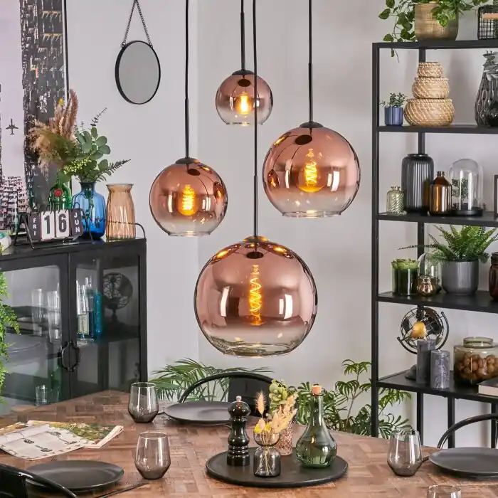 Koyoto Hanglamp, Kogellampje, Cluster hanglamp Duidelijk, Koperkleurig, 4-lichts Premium