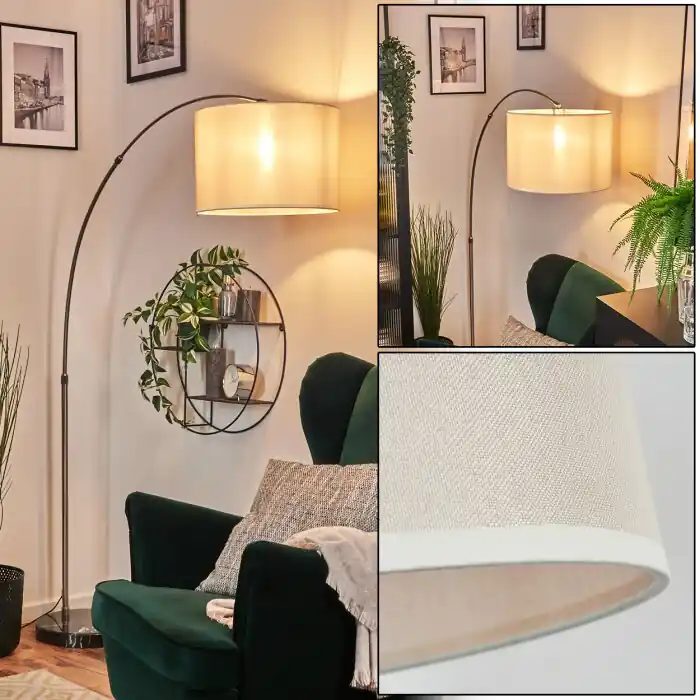 Bassagoda Staande lamp, Booglampen Nikkel mat, Zwart, 1-licht, Stoffen lampenkap Express Levering