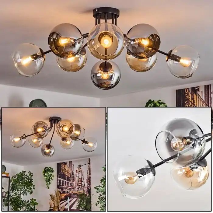 Koyoto Plafondlamp, Kogellampje 85 cm Amber, Chroom, Duidelijk, Rookkleurig, 8-lichts Laatste Versie