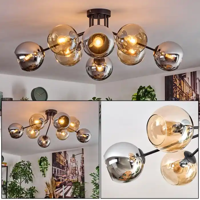Koyoto Plafondlamp, Kogellampje 85 cm Amber, Chroom, Rookkleurig, 8-lichts Op = Op
