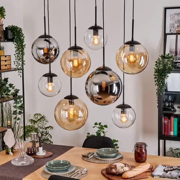 Veilige Betaling Gastor Hanglamp, Kogellampje, Hanglamp Amber, Chroom, Duidelijk, Rookkleurig, 8-lichts