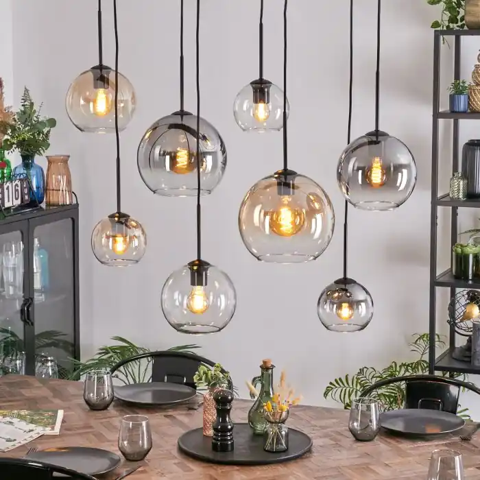Hete Deal Koyoto Hanglamp, Kogellampje, Hanglamp Amber, Duidelijk, Rookkleurig, 8-lichts