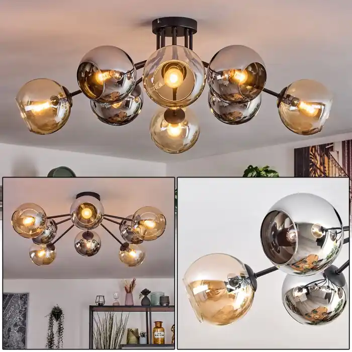 Weekendaanbieding Koyoto Plafondlamp, Kogellampje 86 cm Amber, Chroom, Rookkleurig, 8-lichts