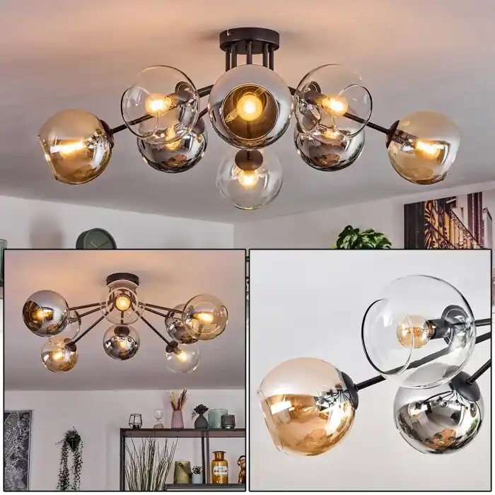 Koyoto Plafondlamp, Kogellampje 86 cm Amber, Chroom, Duidelijk, Rookkleurig, 8-lichts Must-Have