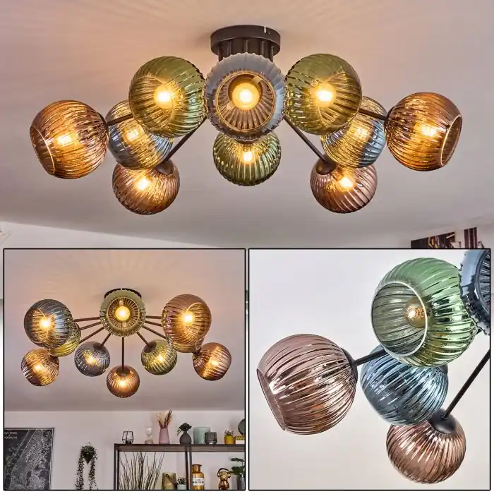 Gecertificeerd Koyoto Plafondlamp, Kogellampje 85 cm Blauw, Groen, Koperkleurig, 10-lichts