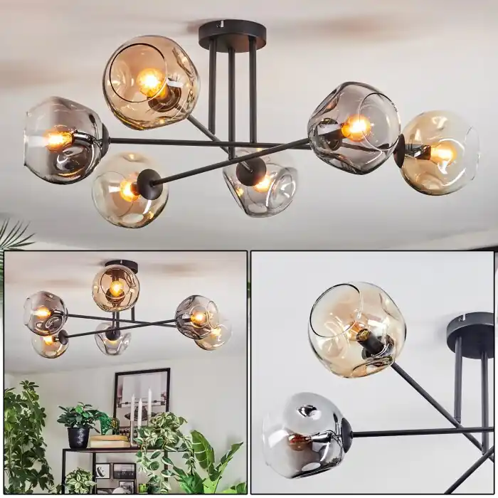 Ripoll Plafondlamp, Kogellampje Amber, Duidelijk, Rookkleurig, 6-lichts Hoge Kwaliteit