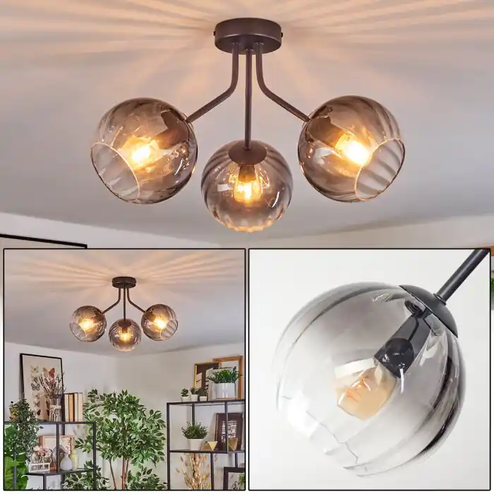 Koyoto Plafondlamp, Kogellampje Duidelijk, Rookkleurig, 3-lichts Uitverkoop