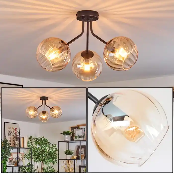 Koyoto Plafondlamp, Kogellampje Amber, Duidelijk, 3-lichts Uitverkoop
