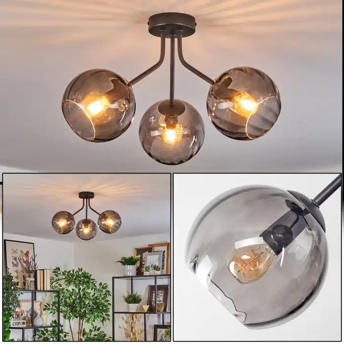 Koyoto Plafondlamp, Kogellampje Rookkleurig, 3-lichts Laatste Versie