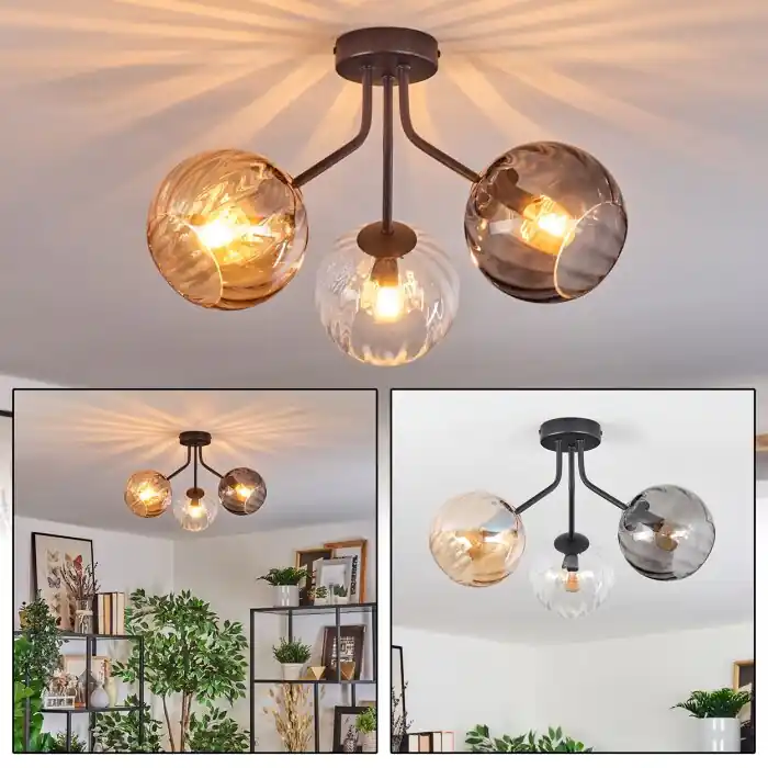 Snelle Levering Koyoto Plafondlamp, Kogellampje Amber, Duidelijk, Rookkleurig, 3-lichts