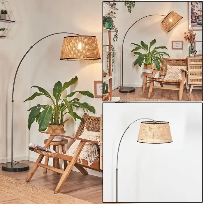Ramila Staande lamp, Booglampen Nikkel mat, Zwart, 1-licht, Stoffen lampenkap Favoriet