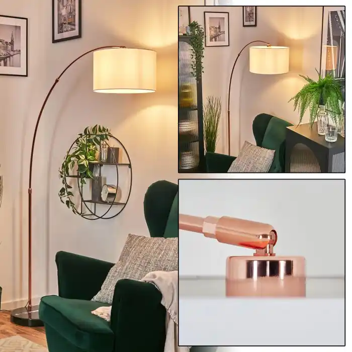 Bassagoda Staande lamp, Booglampen Koperkleurig, Zwart, 1-licht, Stoffen lampenkap Favoriet