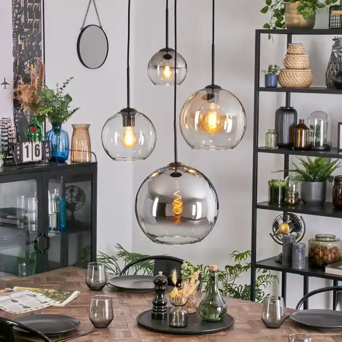Koyoto Hanglamp, Kogellampje, Cluster hanglamp 35 cm Amber, Chroom, Duidelijk, Rookkleurig, 4-lichts Laatste Versie