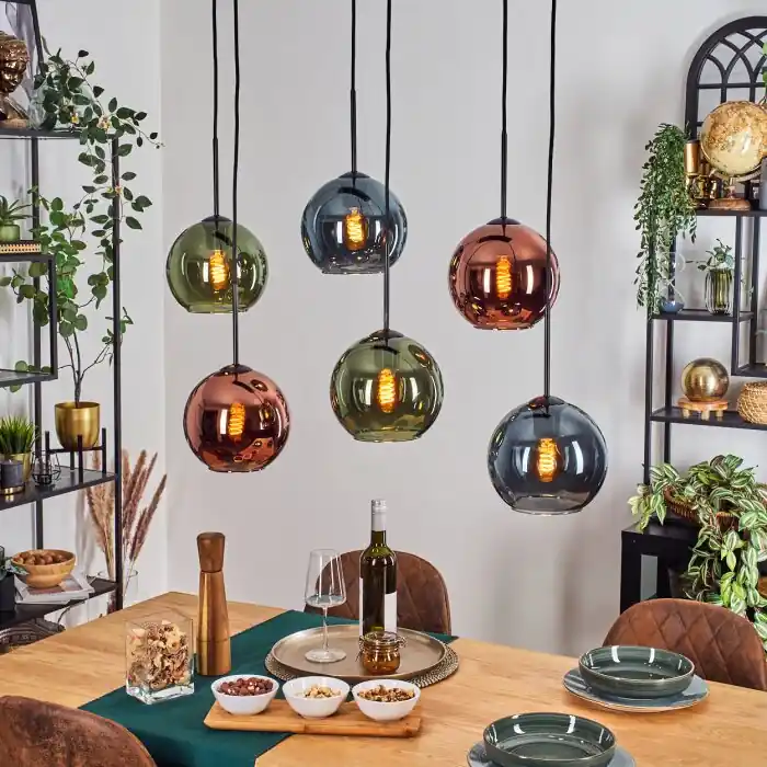 Snelle Levering Koyoto Hanglamp, Kogellampje, Hanglamp Blauw, Groen, Koperkleurig, 6-lichts