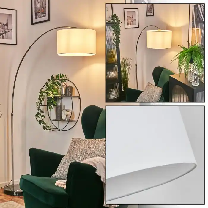 Bassagoda Staande lamp, Booglampen Nikkel mat, Zwart, 1-licht, Stoffen lampenkap Tijdelijk Beschikbaar