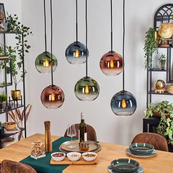 Must-Have Koyoto Hanglamp, Kogellampje, Hanglamp Blauw, Groen, Duidelijk, Koperkleurig, 6-lichts
