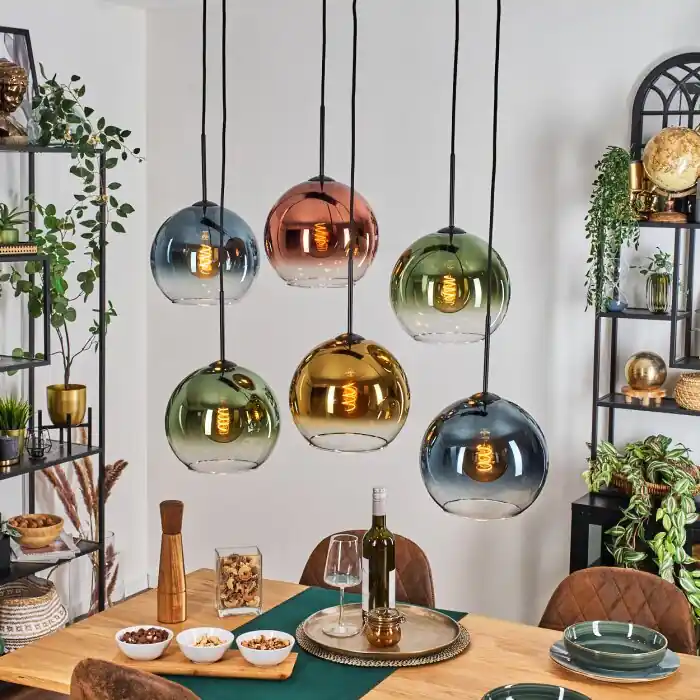 Hete Deal Koyoto Hanglamp, Kogellampje, Hanglamp Blauw, Goud, Groen, Duidelijk, Koperkleurig, 6-lichts
