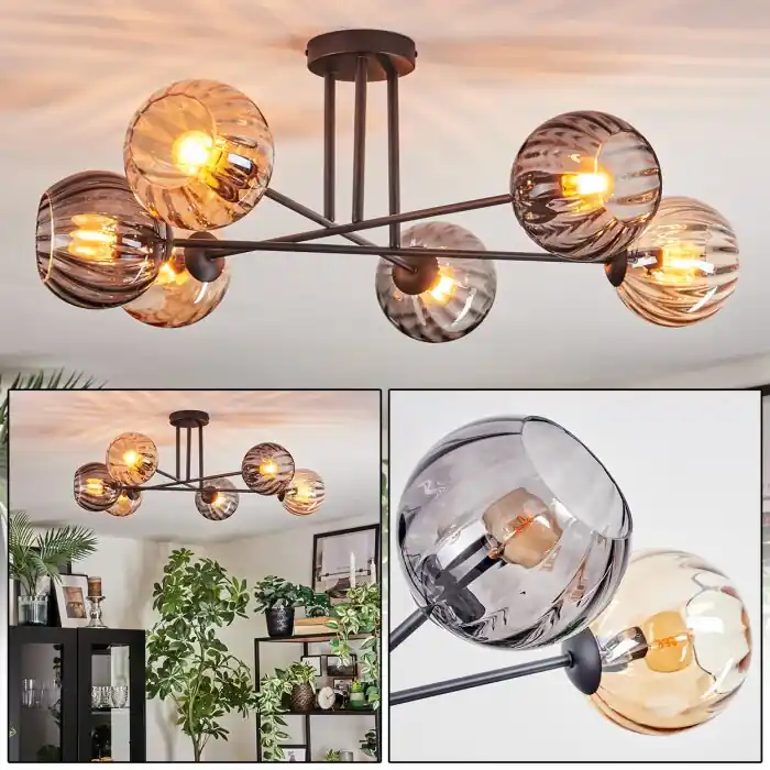 Laatste Kans Koyoto Plafondlamp, Kogellampje 78 cm Amber, Rookkleurig, 6-lichts