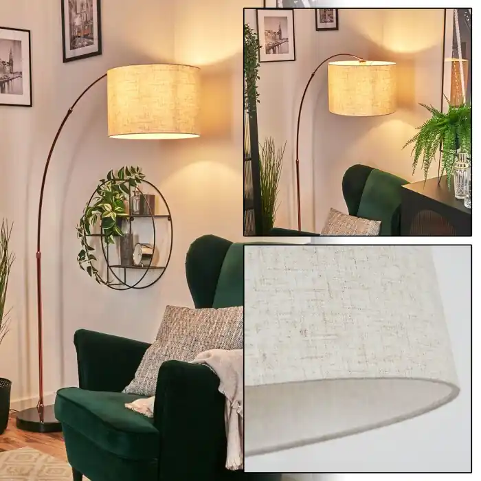 Korting Bassagoda Staande lamp, Booglampen Koperkleurig, Zwart, 1-licht, Stoffen kap