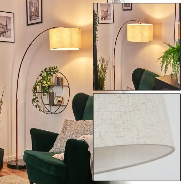Bassagoda Staande lamp, Booglampen Koperkleurig, Zwart, 1-licht, Stoffen lampenkap Superprijs