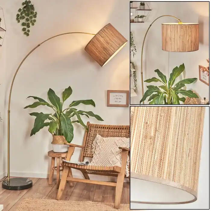 Direct Beschikbaar Bongal Staande lamp, Booglampen Messing, Zwart, 1-licht, Stoffen lampenkap