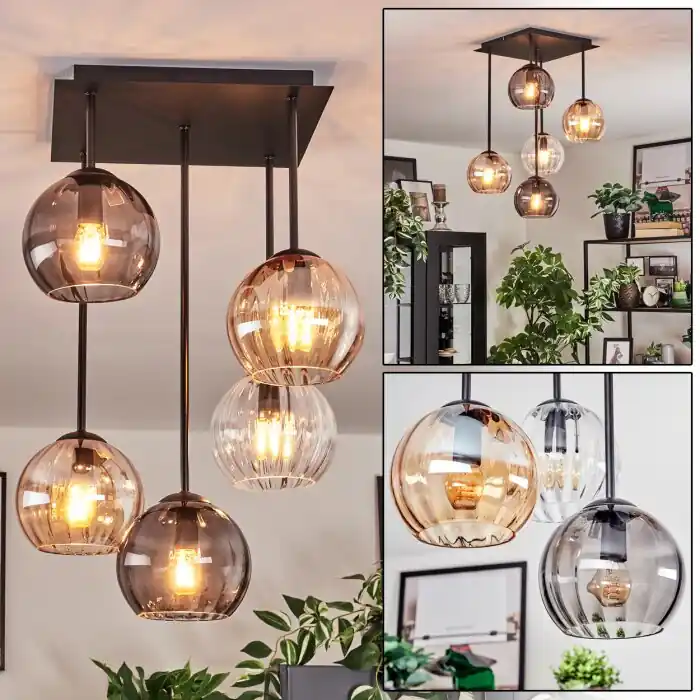 Koyoto Plafondlamp, Kogellampje Amber, Duidelijk, Rookkleurig, 5-lichts Op = Op