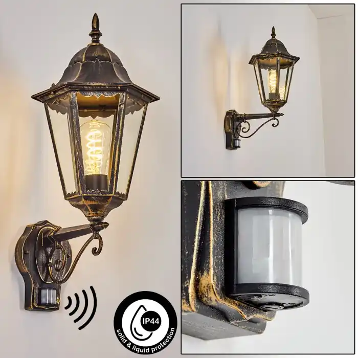 Actieprijs Hongkong Wandlamp voor buiten, Wandlamp Bruin, Goud, 1-licht, Bewegingsmelder