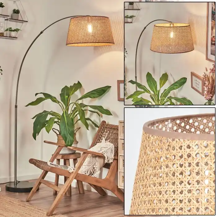 Barcos Staande lamp, Booglampen Nikkel mat, Zwart, 1-licht, Stoffen lampenkap Exclusieve Aanbieding